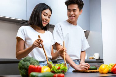 Mutlu Japon eşleri modern mutfakta birlikte yemek pişirip evde sağlıklı sebze salatası yapıyorlar. Koreli Aile Aşçıları Yemek Hazırlığı 'nın tadını çıkarıyor. Yemek Tarifleri Konsepti