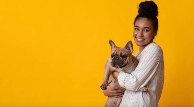 Evcil hayvan sevgisi. Tatlı Fransız Bulldog köpeği köpekli mutlu siyah kızın portresi. Sarı arka plan, Panorama, özgür uzay üzerinde birlikte poz veriyor.
