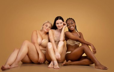 Vücut pozitiftir. Üç çekici çok kültürlü kadın iç çamaşırlarıyla farklı ten ve vücut yapısına sahip stüdyoda birlikte poz veriyorlar.