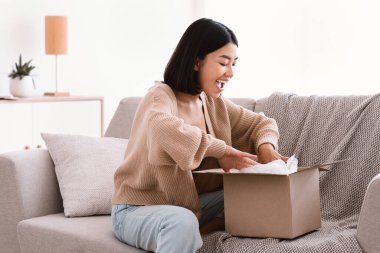 Hızlı Teslimat Servisi Konsepti. Mutlu Asyalı kadın paketini aldı, karton kutuları açtı, evdeki kanepede oturdu, fotokopi çekti. Kadın alıcı çevrimiçi alışveriş alışverişinden memnun