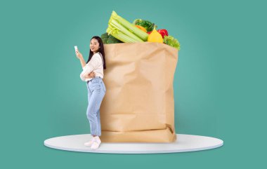 Bir müşteri, alışveriş yapmak için taşınabilir bir cihaz kullanarak içi taze yiyeceklerle dolu büyük bir kesekağıdının yanında duruyor. Çevrimiçi market alışverişi son zamanlarda popüler bir seçim haline geldi..