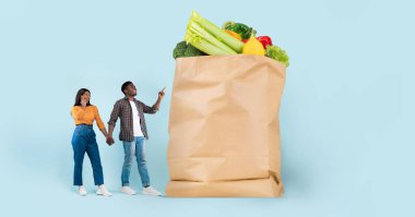 Bir çift taze sebzelerle dolu büyük bir kesekağıdının yanında duruyor. Neşeli görünüyorlar, alışveriş deneyimleri hakkında konuşuyorlar..