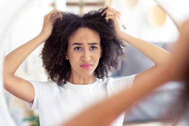 Saç stiliyle ilgili problemler, kuru ve kırılgan saçlar. Hüsrana uğramış genç Afrikalı Amerikalı kadın saç kesiminden hayal kırıklığına uğradı, kıvırcık saçlara dokundu ve evdeki yuvarlak aynada yansımaya baktı, boşluğu kopyaladı.