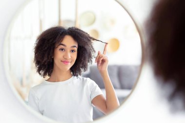Harika saç stili, mükemmel iplik ve pozitif. Mutlu yıllar Afro-Amerikan kadınları kıvırcık saçlı. Oturma odasının iç tarafındaki, beyaz duvardaki yuvarlak aynanın yansımasına bakın.