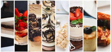 Kolaj çeşitli lezzetli tatlılar ve tatlılar, Restoran Menü kompozisyon