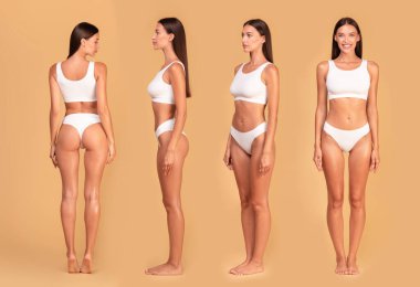 Bej renkli stüdyo arka planında poz veren zayıf bir kadının ön, yan ve arka görünüşü ve zayıflama konsepti için mükemmel vücut şekli, kolaj, afiş göstermesi.