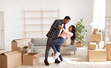 Taşındıkları gün evlerinde karton kutuların arasında dans eden siyah çiftleri severler. Genç ve mutlu Afrikalı Amerikalı aile yeni bir eve taşınırken eğleniyor. Panorama