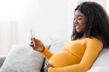Cep telefonu tutan mutlu zenci hamile kadın, evde web sörfü yapıyor. Afro-Amerikan bayanın akıllı telefon kullanmasını, internetten alışveriş yapmasını ya da hamilelik ve fotokopi çekmesini bekliyoruz.