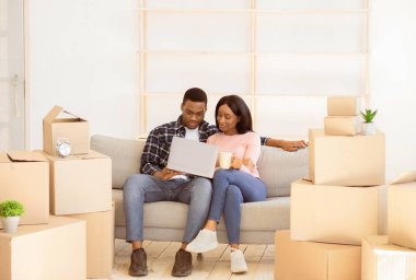 Neşeli siyah çift taşınma gününde dizüstü bilgisayar kullanarak yeni dairelerini tasarlıyorlar. Milenyum Afrikalı Amerikalı adam ve karısı ev dekorasyonu fikirleri için web araştırması yapıyorlar. Yeniden yerleştirme konsepti