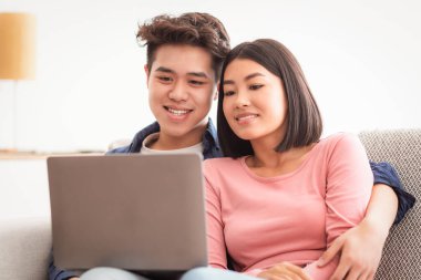 Harika bir Japon çifti bilgisayarda dizüstü bilgisayarda oturuyor ve çevrimiçi film seyrediyor. Oturma odasında dinleniyor, hafta sonları evde birlikte vakit geçiriyorlar..