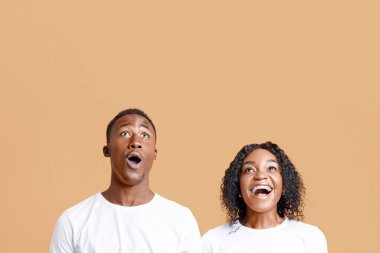 Hayret verici siyahi çift sarı stüdyo arka planında fotokopi alanına bakıyor. Heyecanlı Afrikalı Amerikalı kadın ve erkek reklamları izliyor ya da sezonluk satışlarla ilgili duyuru yapıyor.