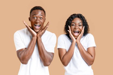 Şaşırmış siyah çift çığlık atıyor ve yüzlerine dokunuyor, şaşkınlık, mutluluk ve başarıyı ifade ediyorlar. Afrikalı Amerikalı duygusal erkek ve kadın sarı stüdyo arka planında el kol hareketi yapıyorlar.