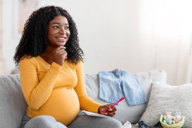 Heyecanlı hamile kadın kanepeye oturmuş elinde defter ve kalemle teslimattan önce alışveriş listesi yapıyor, boş yer. Düşünceli Afro-Amerikan annesi bebek için hazırlanıyor.