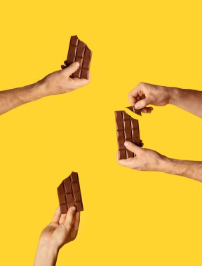 Milenyum çocuğu turuncu arka planda çikolata tutuyor, yaratıcı kolaj.