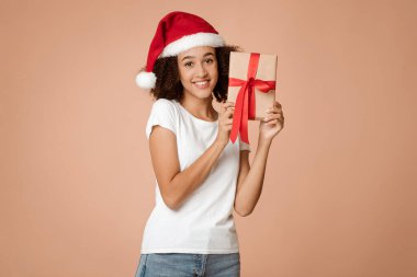 Kış bayramı kutlaması. Noel Baba şapkalı neşeli Afro-Amerikan kadın yılbaşı için hediye kutusunu ya da Noel kutusunu kurdeleli süslemeli kağıtta, açık arkaplanda izole edilmiş olarak gösteriyor.