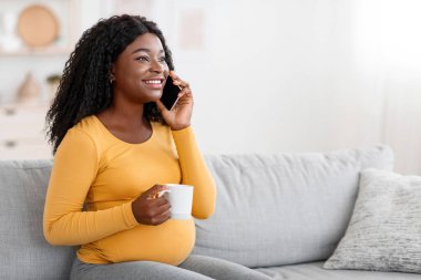 Mutlu hamile Afrikalı Amerikalı kadın çay içiyor ve cep telefonuyla konuşuyor, koltukta oturuyor, hamileliğinin tadını çıkarıyor ve boş alana bakıyor. Neşeli siyahi, evde bekleyen bayan.