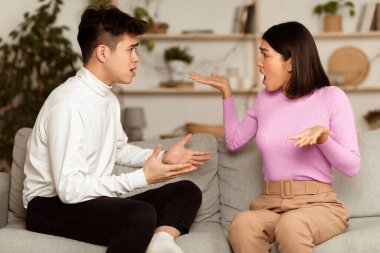 Çinli bir çift evdeki koltukta otururken tartışıyor. Asyalı eş aldatma sonrası kocasına bağırıyor. Evlilik ve ilişki sorunları, ayrılık ve boşanma, aile içi anlaşmazlıklar.