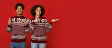Harika bir hediye, yeni yıl ve Noel için fikirler. Gülümseyen Afro-Amerikalı süveter giymiş genç bir çift, erkek baş parmağını kaldırıyor, kadın fotokopi alanını gösteriyor, kırmızı arka planda izole edilmiş, panorama, stüdyo çekimi