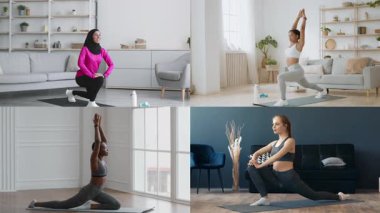 Konforlu bir ev ortamında çeşitli atletizm egzersizleri yapan bir grup birey. Kurulum sağlıklı yaşam ve çeşitlilik rutinlerini vurguluyor..