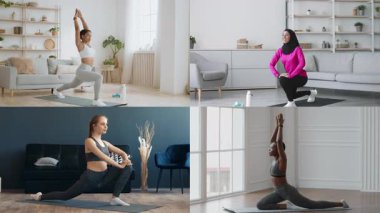 Konforlu bir evde spor yapan birden fazla kişi var. Her insan farklı egzersizler sergiler, sağlık ve atletizmi birlikte vurgular..