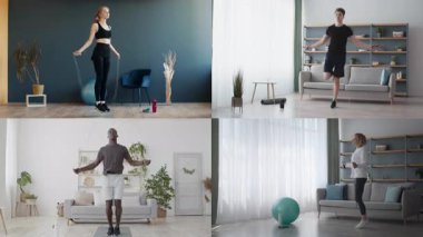 Çeşitli bireyler fitness aktivitelerine katılıyor, atletizm ve sağlıklı yaşam sergiliyorlar. Antrenman, eşsiz ve şık iç mekanlarda ip atlama egzersizleri içeriyor.