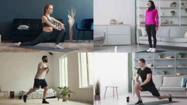 Dört birey evde spor egzersizleri yapıyor, esneklik, güç ve sağlıklı yaşam tarzı seçimleri sergiliyor. Fitness rutinleri ve ortamlarında çeşitliliği temsil ederler..