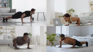 Kapalı mekanda şınav çeken atletik bireylerden oluşan bir grup. Her insan sağlıklı bir yaşam tarzını ve egzersize olan bağlılığını vurgulayarak sağlık rutinini gösterir..