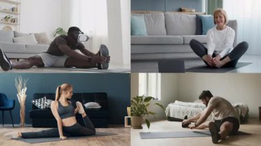 Farklı geçmişlere sahip insanlar evlerinde egzersiz yapıyor, çeşitli fitness aktiviteleri sergiliyorlar. Rutinlerini iyi ışıklandırılmış ve rahat ortamlara adapte ederek sağlıklı bir yaşam tarzını teşvik ederler..