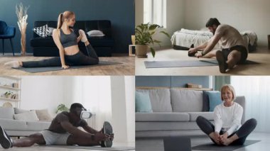 Çeşitli insanlardan oluşan bir kolaj evde çeşitli fitness aktiviteleri gerçekleştiriyor. Her birey esneme ve egzersiz rutinlerine odaklanıyor, rahat bir ortamda sağlıklı bir yaşam tarzı sergiliyor..