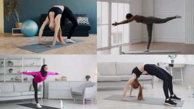 Çeşitli bireylerden oluşan bir grup parlak ve ferah bir ortamda çeşitli atletik egzersizler yapıyorlar. Yogadan fitness egzersizlerine kadar her insan sağlıklı ve aktif yaşam tarzları sergiler..