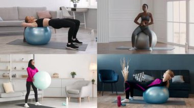 Modern bir iç mekan ortamında, birden fazla insan egzersiz toplarını kullanarak çeşitli fitness aktiviteleri gerçekleştirir..