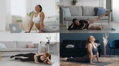 Bir kolaj, çeşitli spor salonlarına katılan farklı kişileri gösteriyor. Her insan farklı egzersizler sergiler, ev ortamında sağlıklı bir yaşam tarzını teşvik eder..