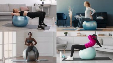 Şık bir iç mekan ortamında, farklı geçmişlere sahip dört kişi çeşitli fitness rutinleri için egzersiz topları kullanır..