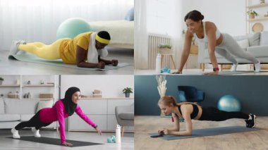 Farklı geçmişlere sahip dört kişi kapalı alanda atletizm egzersizleri yapıyor, bir ev ortamında spor salonu düzenliyor. Sağlıklı bir yaşam tarzına olan bağlılıkları aşikar..