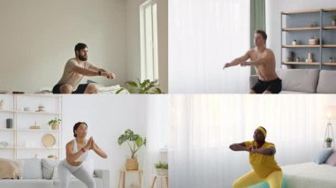 Parlak ve modern bir evde, farklı bireylerden oluşan bir grup, fitness 'e olan bağlılıklarını göstermek için çeşitli egzersizler yapıyor. Farklı ayarlar evde çalışma rutinlerini ve atletizmi vurgular.