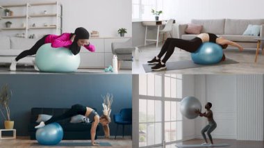 Farklı geçmişlere sahip insanlar spor antrenmanlarına ev ortamında egzersiz topları kullanarak katılıyorlar. Bu koleksiyon sağlıklı bir yaşam tarzını destekleyen dinamik fitness rutinlerini sergiliyor.