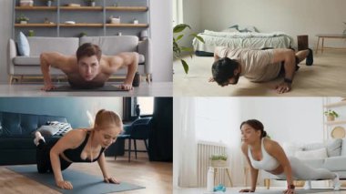 İçeride atletizm egzersizleri yapan farklı bireylerden oluşan bir koleksiyon. Kurulum, her insanın farklı ev ortamlarındaki fitness rutinine odaklandığı sağlıklı bir yaşam tarzını vurguluyor..