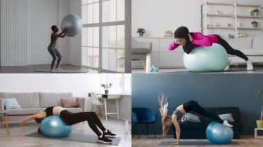 Bir kolaj çeşitli insanları spor topları kullanarak kapalı alanlarda çeşitli çalışmalara katarak sergiliyor. Her birey ev ortamında spor yapmaya olan bağlılığını gösterir..