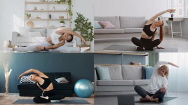 Dört birey, rahat iç mekanlarda esneme ve antrenman egzersizleri yapıyor, atletizm gösterisi yapıyor ve fitness 'e bağlılık gösteriyor. Her insan sağlıklı yaşamın canlı kolajına katkıda bulunur..