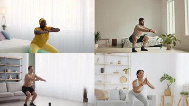 Bir kolaj, evde çeşitli atletik egzersizler yapan farklı bireyleri gösteriyor. Her insan sağlıklı bir yaşam tarzı sergileyerek, parlak ve modern yaşam alanlarında uygunluğa bağlılığını gösterir..