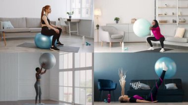 Canlı bir kolaj, farklı bireylerin evde spor yaptıklarını gösteriyor. Sporcular sağlıklı bir yaşam tarzını desteklerken parlak ve ferah ortamlarda spor toplarından ve ağırlıklardan yararlanırlar..