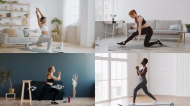 İçeride çeşitli egzersizler yapan bir grup atletik birey. Her insan kendine özgü egzersizler sergiliyor. Şık, modern bir evin farklı alanlarında. Sağlıklı bir yaşam tarzını teşvik ediyor..