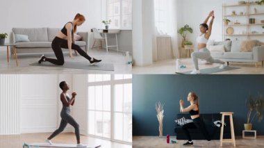 Dört atletik birey içeride farklı fitness aktiviteleri gerçekleştiriyor ve sağlıklı bir yaşam tarzına olan bağlılıklarını sergiliyorlar. Ev ortamında modern dekor ve geniş doğal ışık bulunur..