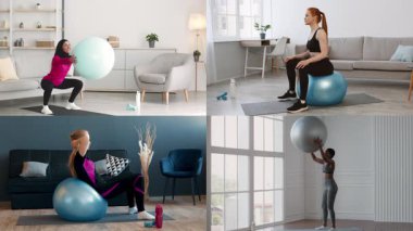 Dört farklı birey farklı ev ortamlarında denge toplarını kullanarak çeşitli fitness rutinlerine giriyorlar. Faaliyetler güç, denge ve genel refahı vurguluyor.