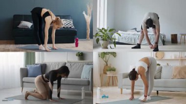 Bir grup birey ev ortamında çeşitli fitness egzersizleri yapıyor..