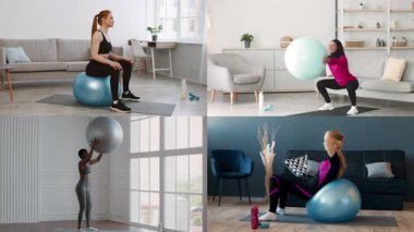 Evde dört kişi aktif olarak farklı fitness rutinlerine katılıyor. Her birey egzersiz toplarından faydalanıyor, canlı bir iç mekanda güç ve esneklik gösteriyor..