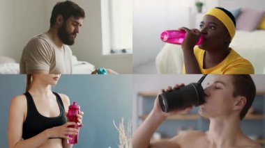 Egzersiz yaparken susuzluktan zevk alan farklı geçmişlerden bir grup birey. Renkli su şişeleri kullanarak ve formda kalarak sağlıklı yaşam biçimleri sergiliyorlar..