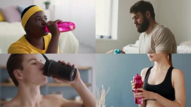 Dört birey kapalı bir ortamda idmanlar arasında sıvı tüketiyorlar. Sağlıklı, aktif bir yaşam tarzını, spor ve refah üzerine odaklayan çeşitli atletik geçmişleri temsil ederler..