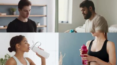 Değişen geçmişleri olan dört kişi içeride spor rutinlerine odaklanıyor, sağlıklı içecekler hazırlıyor ve atletizm hedeflerini tartışıyorlar. Atmosfer enerjik ve destekleyici..