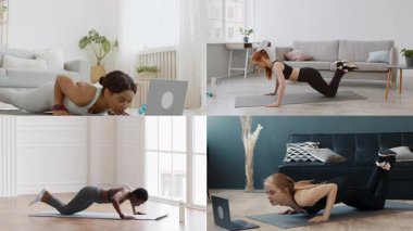 Değişik geçmişlere sahip dört kişi evde farklı egzersiz rutinleri uyguluyor, atletizm ve fitness 'e olan bağlılıklarını gösteriyor..